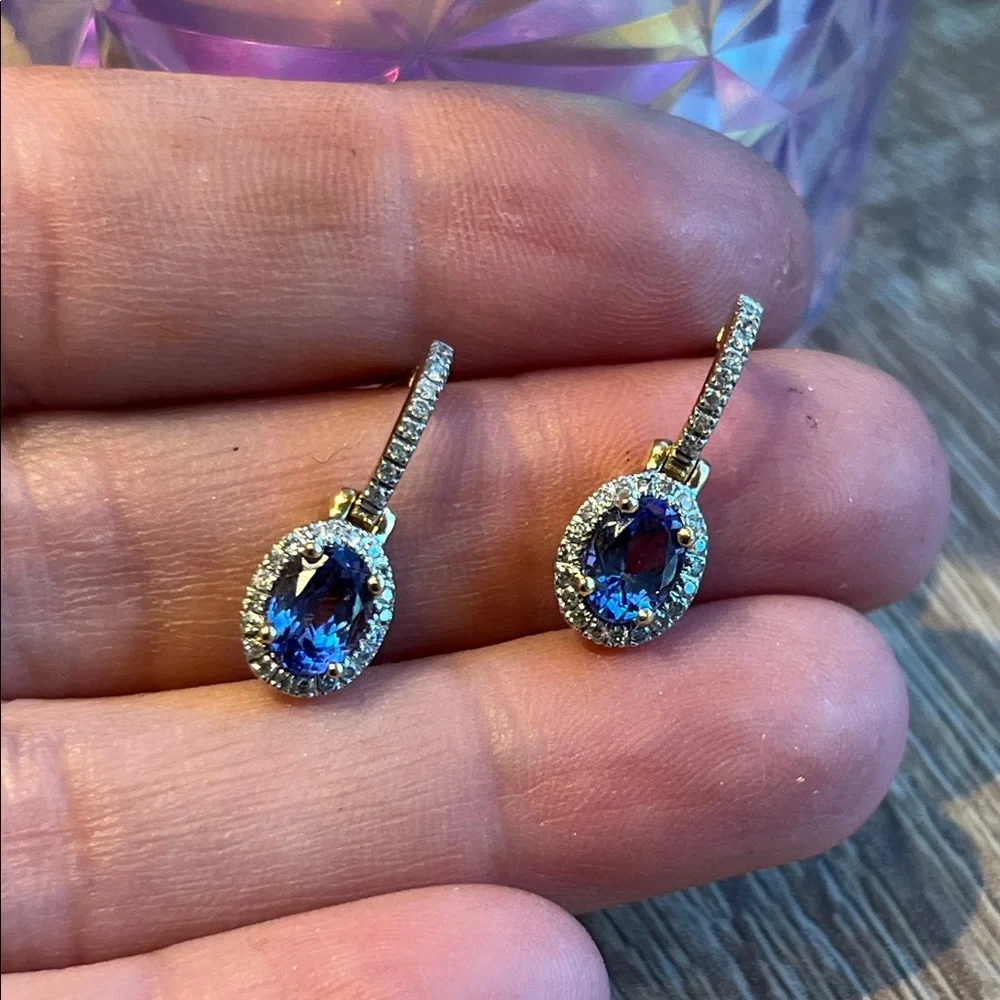 14k Gold diamond tanzanite Drop Earrings. Oval Gemstones with diamond Pavé Halos - Picture 6 of 13
